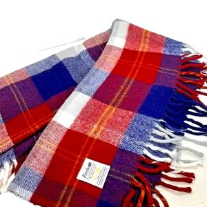 SOLD Faribo Plaid Throw Stadium Blanket Burgundy Gray Blue White Acrylic Vintage